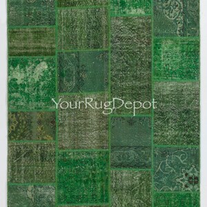 Green Color Handmade Patchwork Rug Made from Over-Dyed Vintage Carpets, Custom Options Available. BD520