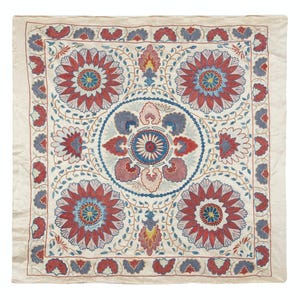 30x30 in 100% Silk Wall Hanging. Embroidered Tablecloth. Boho Wall Decor. Modern Throw. BST55