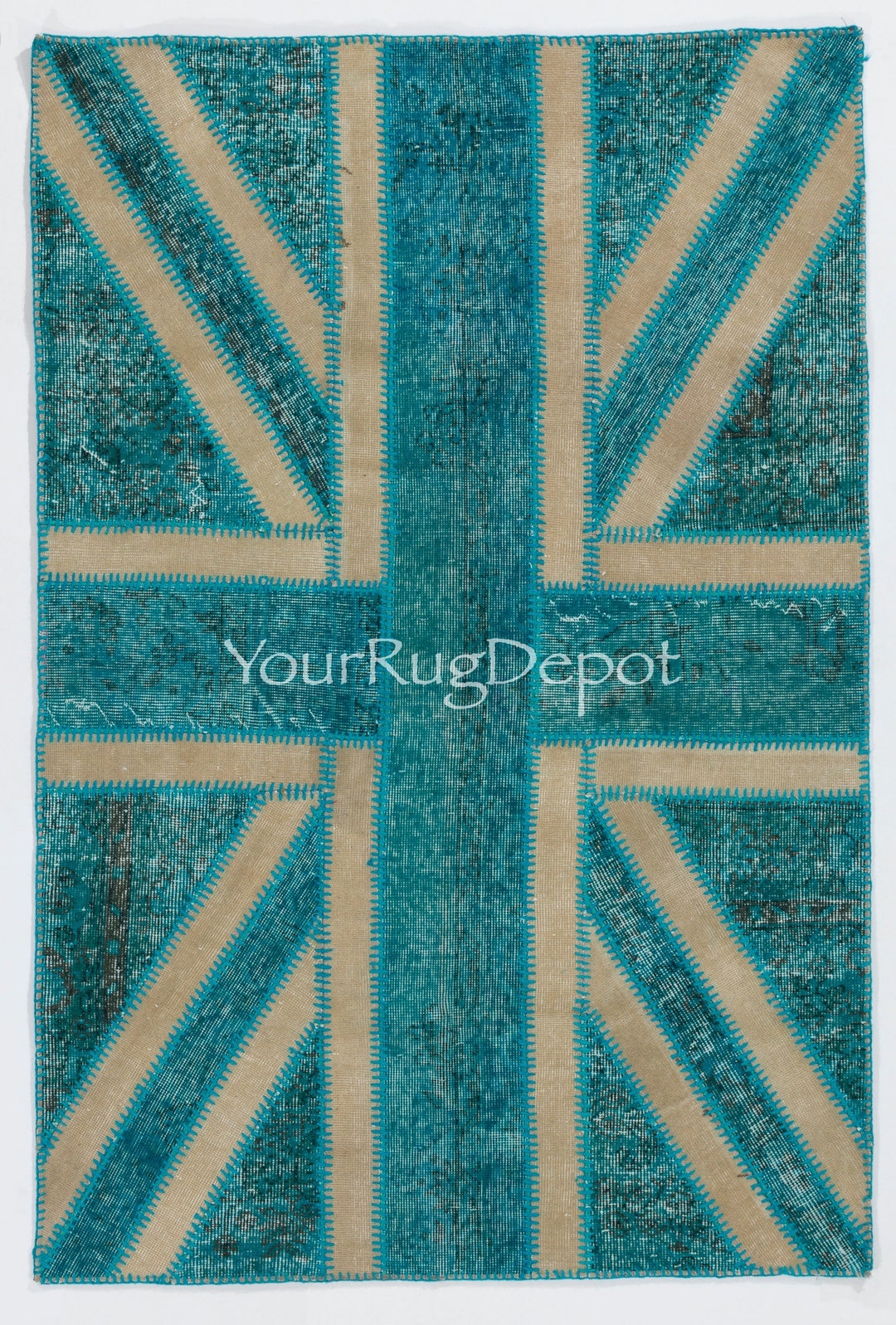 Union Jack British Flag Design Rug. Handmade Patchwork Carpet in Teal ...