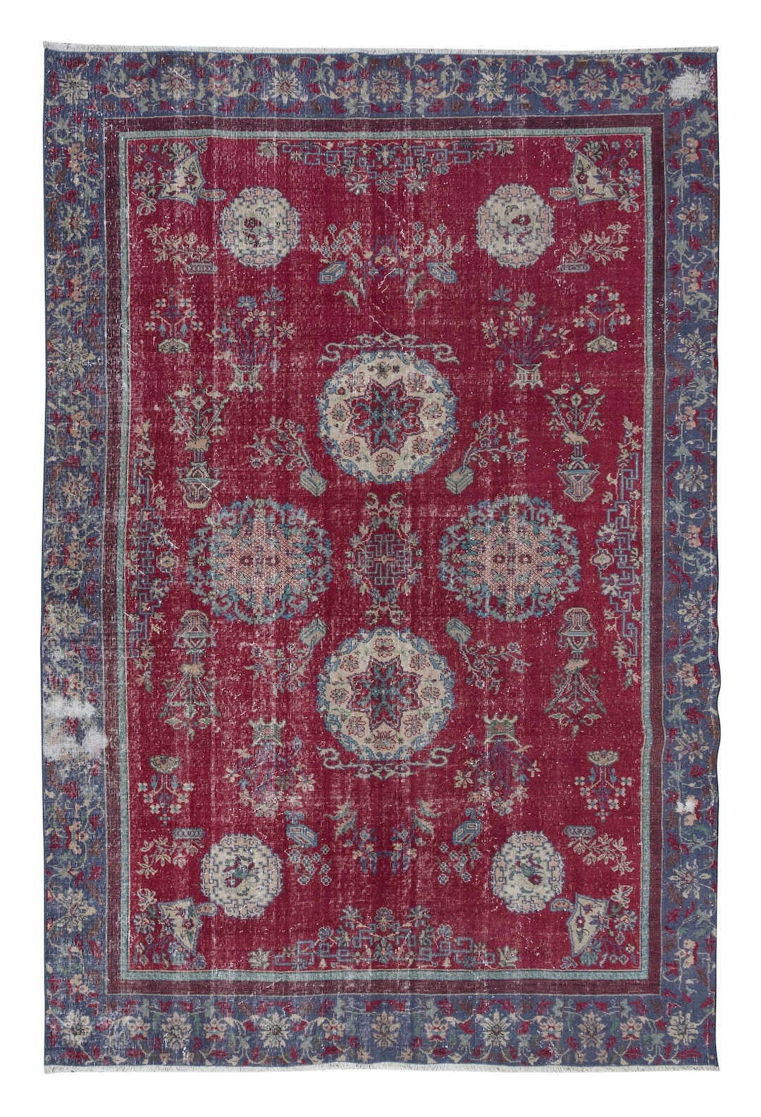 One of a Kind Vintage Handmade Turkish Wool Area Rug in Red. 7x10.5 Ft ...
