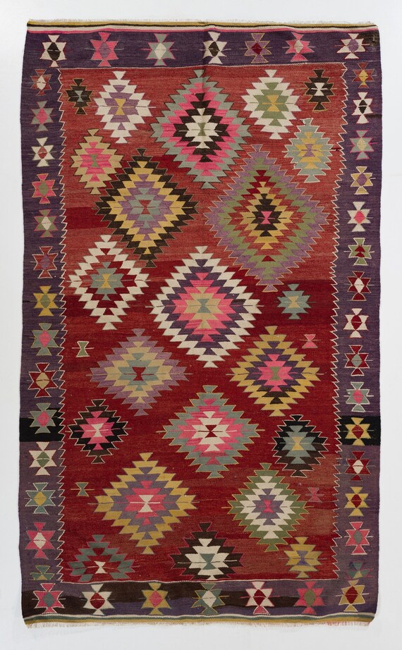 5.5 x 9.2フィートのカラフルなヴィンテージトルコキリムラグ「平織り