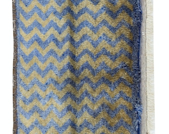 Vintage Handmade Turkish Blue Tulu Rug with Light Brown Zig Zag Design. 2.2x4.3 Ft, BTEK1567