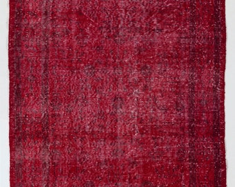Vintage Accent Rug Over-Dyed in Burgundy Red Color for Modern Interiors, Hand-Knotted in Turkey. 4x6.8 Ft, BD258.