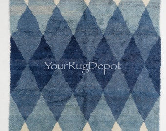 Hand-Knotted Contemporary Tulu Rug with Interlocking Blue Diamonds. 100% Wool. Custom Options Available. BT112