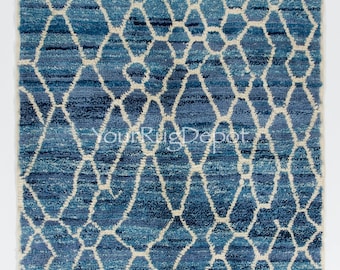 Contemporary Beni Ourain Berber Rug in Indigo Blue. Custom Hand knotted Tulu Carpet. 100% Wool. BT34