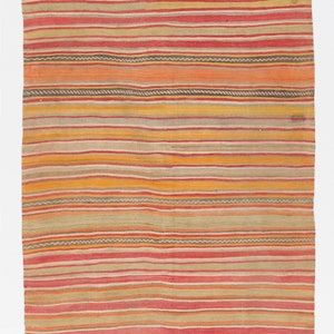 Colorful Hand-Woven Vintage Anatolian Wool Kilim (Flat-weave) with Striped Design. 5.5x9.6 Ft, BG107