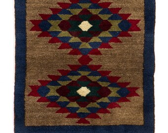 Vintage Hand-knotted Wool "Tulu" Accent Rug with Two Geometric Medallions. 3x3.6 Ft, BKEF151.