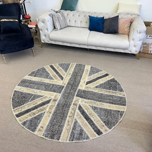 Round Handmade Patchwork Rug in Dark Blue, Red and Beige. Union Jack British Flag Design Carpet. Circle Wall Hanging. BD952