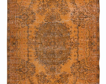 Tappeto turco unico, fatto a mano e riciclato, arancione con motivo a medaglione. 5,3x8,4 piedi, BTEK1158