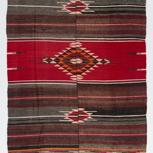 Handwoven Striped and Geometric  Design Vintage Turkish Kilim (Flat-weave), All Wool. 5x8 Ft, BG149
