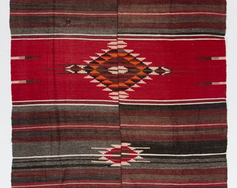 Handwoven Striped and Geometric Design Vintage Turkish Kilim (Flat-weave), All Wool. 5x8 Ft, BG149