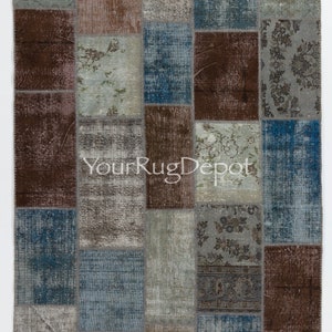 Contemporary Patchwork Rug in Blue, Gray, Green and Brown Tones. Handmade from Re-Dyed Vintage Carpets. Custom Options Available. BD386