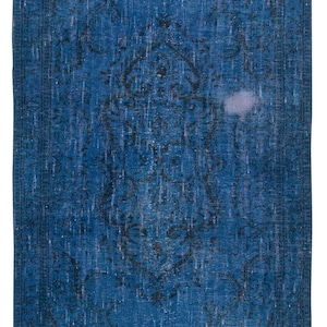 5.2x8.7 Ft Contemporary Handmade Turkish Area Rug Over-Dyed in Blue. Shabby Chic Style Floor Covering. BTEK2026
