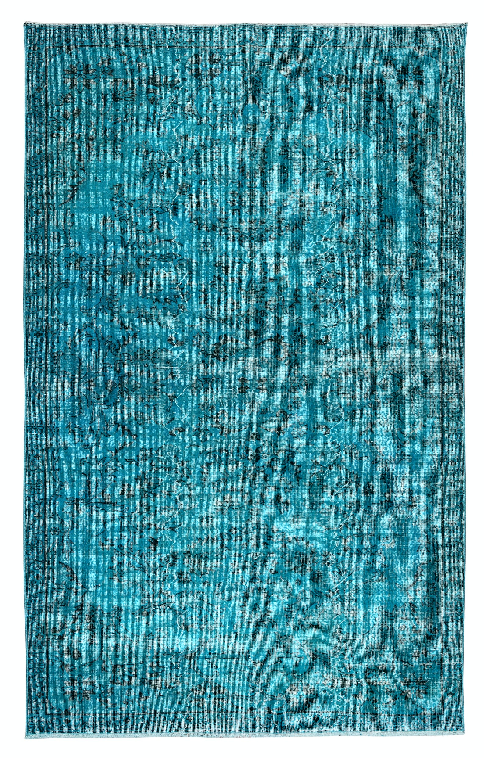 Handmade Vintage Turkish Wool Area Rug Over-dyed in Teal for Modern ...