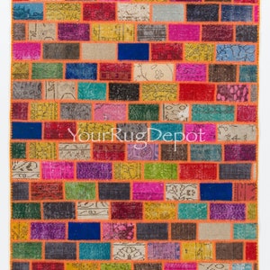 Handmade Cheerful Patchwork Rug Made from Over-Dyed Vintage Carpets, Turkish Feet Patchwork. Custom Options Available. BE3