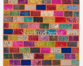 Handmade Cheerful Patchwork Rug Made from Over-Dyed Vintage Carpets, Turkish Feet Patchwork. Custom Options Available. BE3