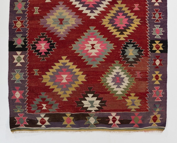 5.5 x 9.2フィートのカラフルなヴィンテージトルコキリムラグ「平織り