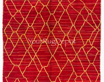 Contemporary Hand-Knotted Moroccan Tulu Rug in Red and Yellow Colors. 100% Wool. Custom Options Available. BT30
