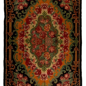 6.4x9.6 Ft Hand-Woven Eastern European Bessarabian Kilim Rug with Flower Design. 100% Wool and Natural Dyes. Vintage Tapestry. BKK492