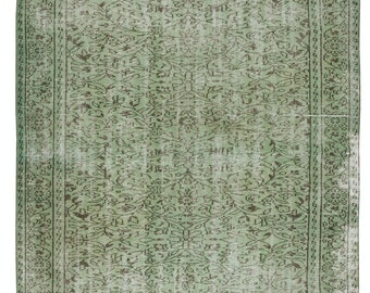 6x9.4 Ft Green Over-Dyed Rug, Hand Knotted Turkish Vintage Wool Carpet. BTEK0143