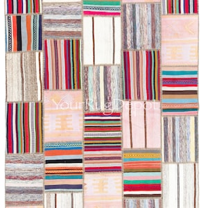 Multicolor Handmade Patchwork Kilim Rug (Flat-weave), Modern Striped Turkish Carpet. BD734