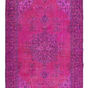 6x9.8 Ft Handmade Medallion Design Turkish Vintage Wool Area Rug Over-Dyed in Fuchsia Pink. BTEK0816