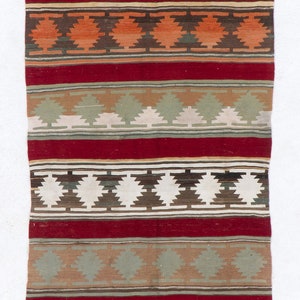 Hand-Woven Vintage Anatolian Runner Kilim (Flat-weave) with Geometric and Striped Design. 3.4x10.8 Ft, BC978