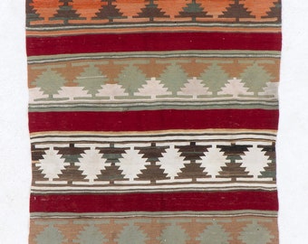 Hand-Woven Vintage Anatolian Runner Kilim (Flat-weave) with Geometric and Striped Design. 3.4x10.8 Ft, BC978