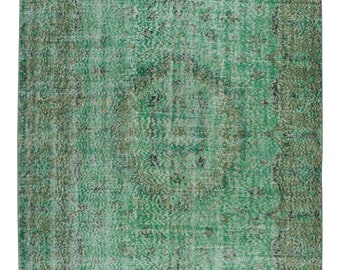 Handmade Vintage Turkish Wool Area Rug Over-Dyed in Green for Modern Interiors. 5.6x9.5 Ft, BTEK0581