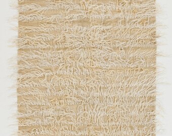 Hand-Made Vintage Plain Ivory Tulu Runner Rug Made of Natural Undyed Mohair Wool. 3.6x10.8 Ft, BTD54.