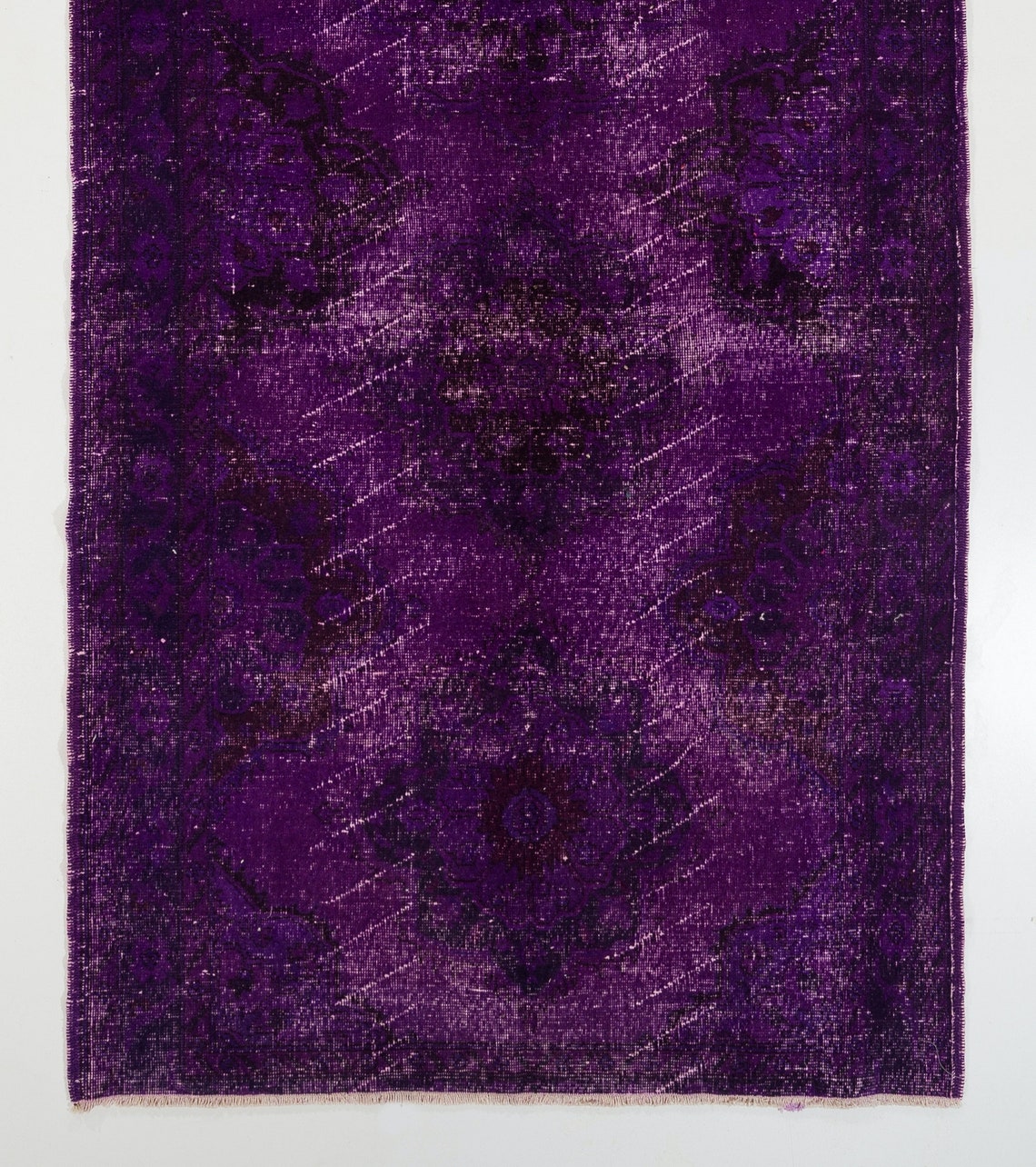Distressed Vintage Runner Rug Redyed in Dark Purple Color for Hallway