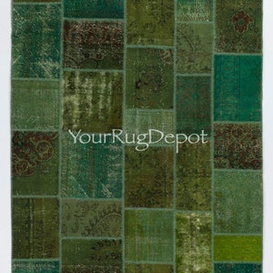 Green Handmade Patchwork Rug Made from Over-Dyed Vintage Carpets. BD18