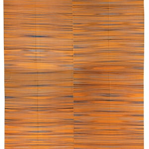 Kilim turco moderno de lana de 11,2 x 15 pies. Alfombra de doble cara de estilo bohemio en color naranja. Opciones personalizadas disponibles. BKK547