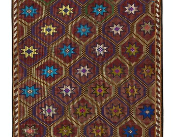 4.6x10.4 Ft Hand-Woven Vintage Turkish Floral Jajim Kilim Rug Made of Natural Wool. BTEK0858