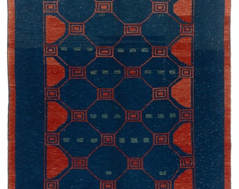 トルコ　ウール　140*180cm 手織り多色幾何学模様ラグ 5x6.6フィートのモダンな幾何学模様の手織りトルコ絨毯。ネイビー