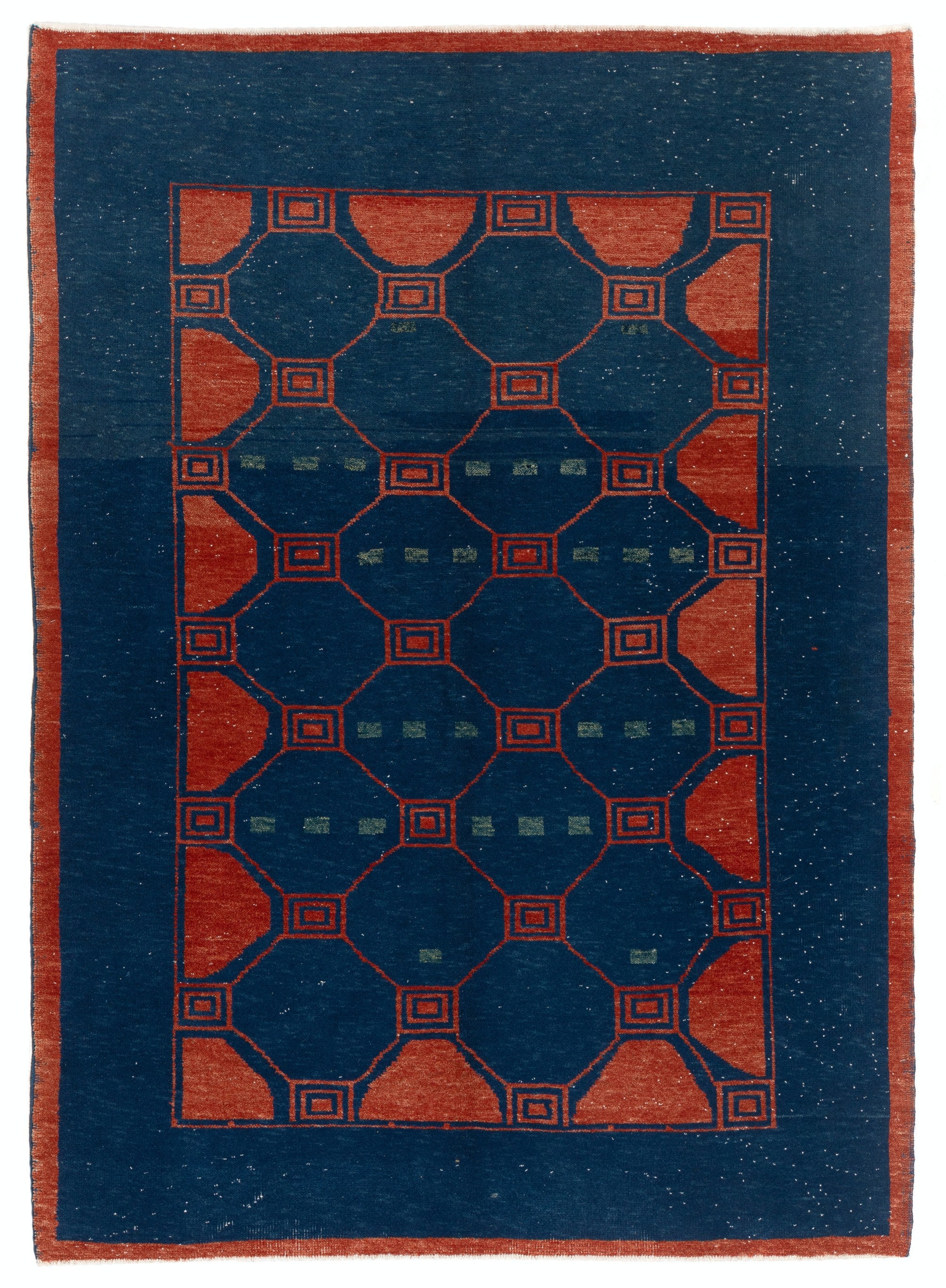 トルコ　絨毯　織物ウール製幾何学模様ラグ 94x66cm 5x6.6フィートのモダンな幾何学模様の手織りトルコ絨毯。ネイビー