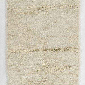 Hand-Knotted Vintage Tulu Runner Rug in Solid Ivory Color, 100% Soft Natural Undyed Wool. 4.2x9.6 Ft, BC719.