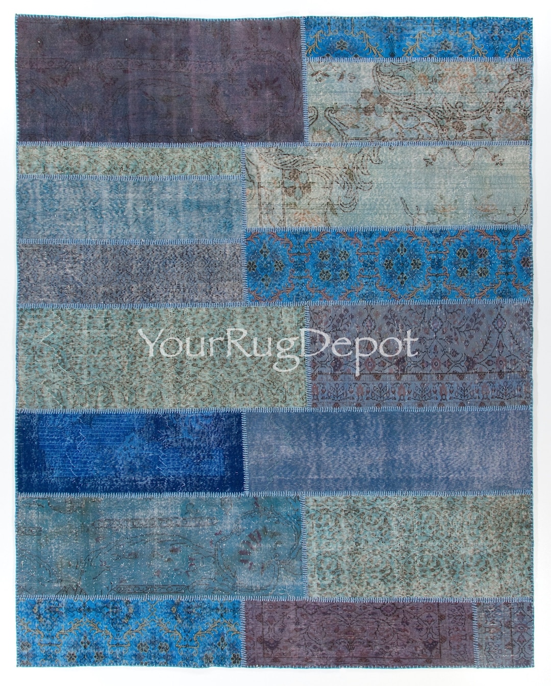 Shades of Blue Central Anatolian Handmade Patchwork Rug, Custom ...