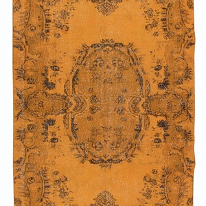 Orange Handknotted Turkish Rug, Modern Bohemian Decor Carpet, Upcycled French Aubusson Inspired Rug. 5.2x8.4 Ft, BTEK1105
