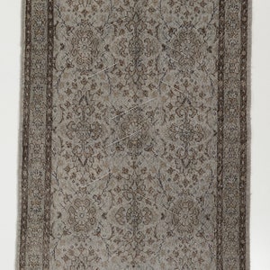 4x7 ft Decorative Floral Design Accent Rug Overdyed in Gray for Modern Interiors, Hand-knotted in Turkey. BC400