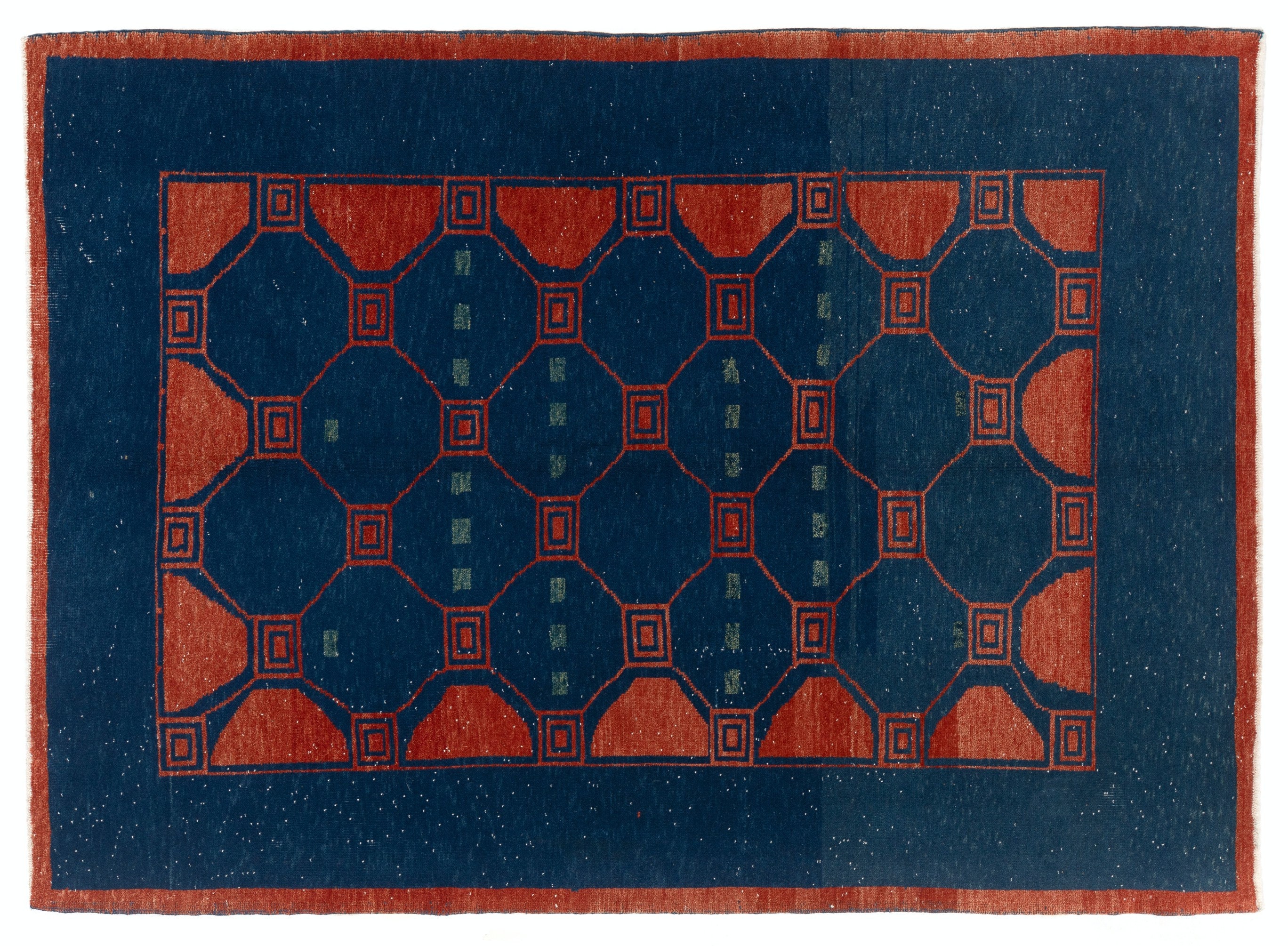 トルコ　絨毯　織物ウール製幾何学模様ラグ 94x66cm 5×6.6フィート、モダンな幾何学模様の手織りトルコ絨毯。ネイビー