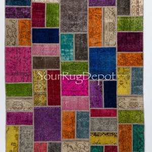 Multicolor Handmade Patchwork Rug Made from Over-Dyed Vintage Carpets, Custom Options Available. BD670