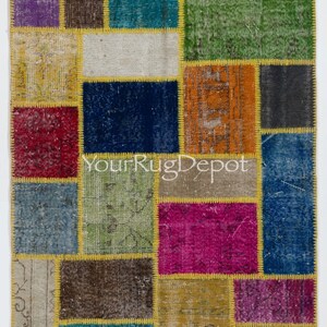 Bright Handmade Patchwork Area Rug. Modern Look Colorful Wool Carpet. Contemporary Home and Office Decoration Floor Covering. BD423