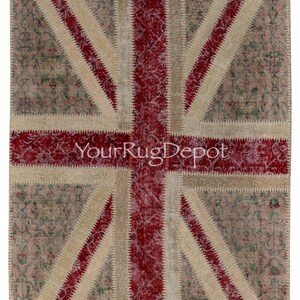 Handmade Union Jack British Flag Design Patchwork Rug Made from Re-Dyed Vintage Carpets, Custom Options Available. BC1566