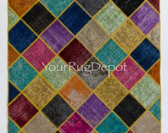 Farbenfroher Patchwork Teppich. Moderner Handgemachter Teppich im Boho Eclectic Style. BD429