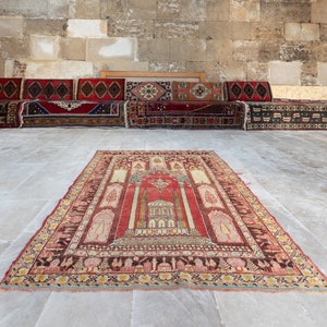 Semi Antique Handmade Cappadocia Wool Prayer Rug from Turkey, Ca 1940. 4.3x6 Ft, BC1571