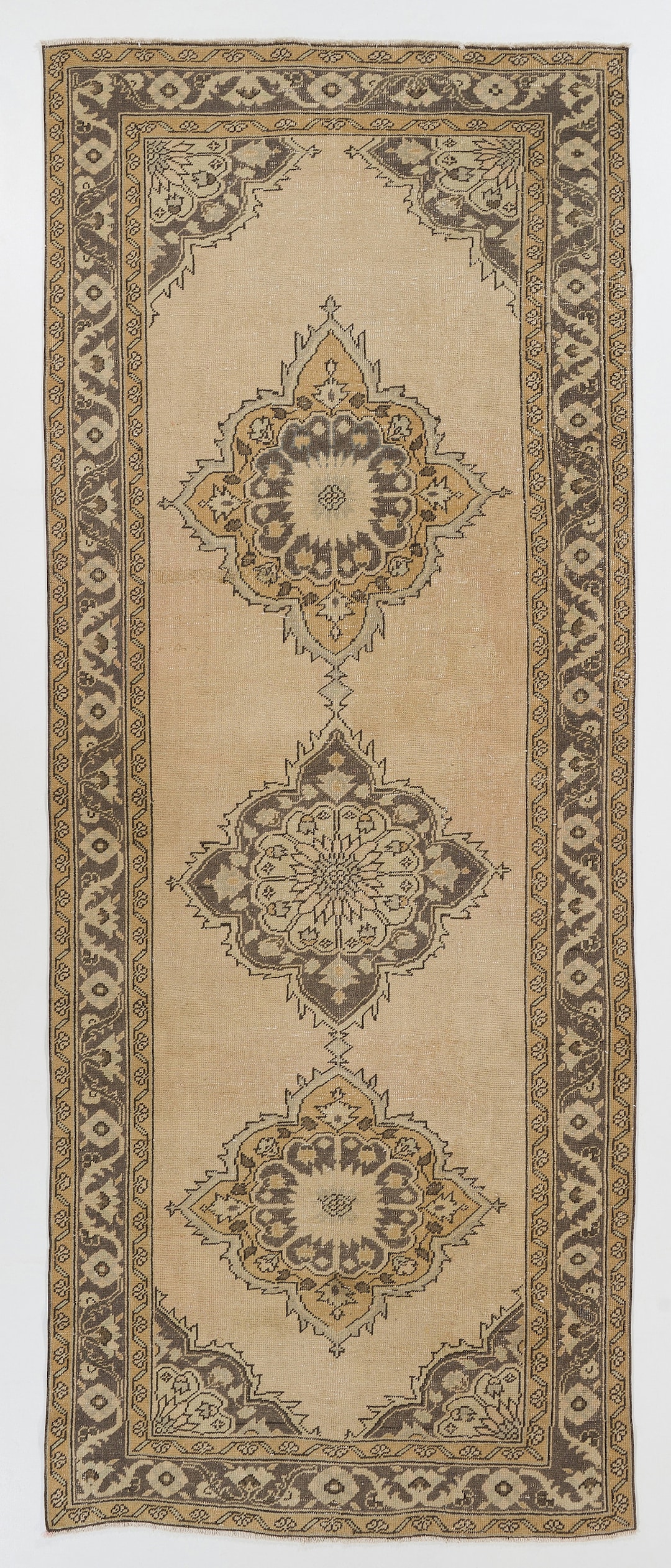 Vintage Hallway Runner Rug in Beige Colors Hand knotted in Turkey