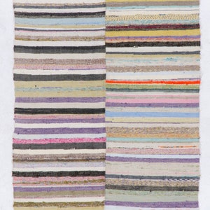 4.6x10 Ft Vintage Turkish Kilim (Flat-weave) with Striped Design. Flat-Woven Cotton Rag Rug. BC901