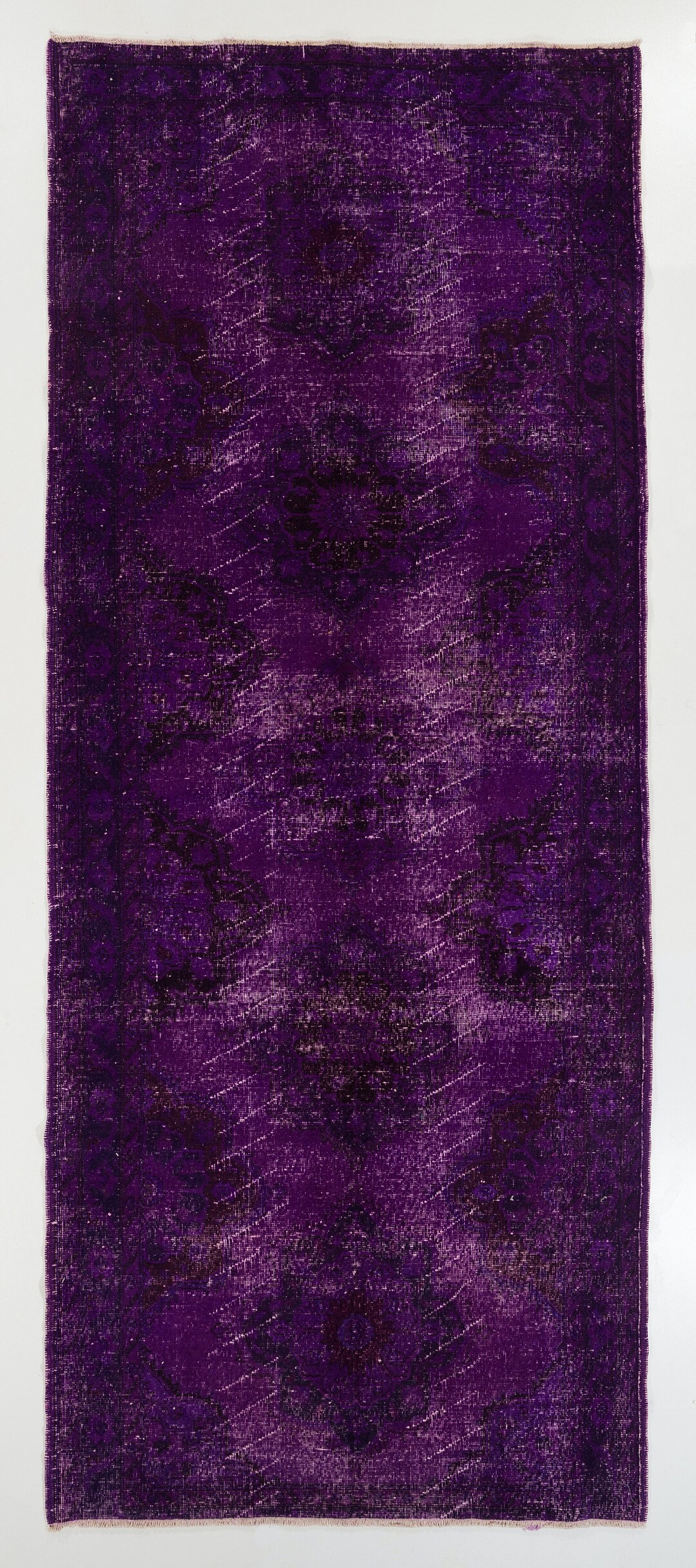Purple Ripped Rug Distressed Vintage Runner Rug Re-dyed in Dark Purple Color for Hallway ...