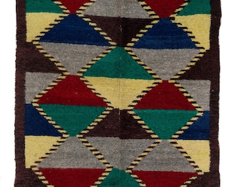 Handmade Geometric Design 1960s Tulu Rug from Turkey. 100% Wool. 3.6x4.4 Ft, BC1239.